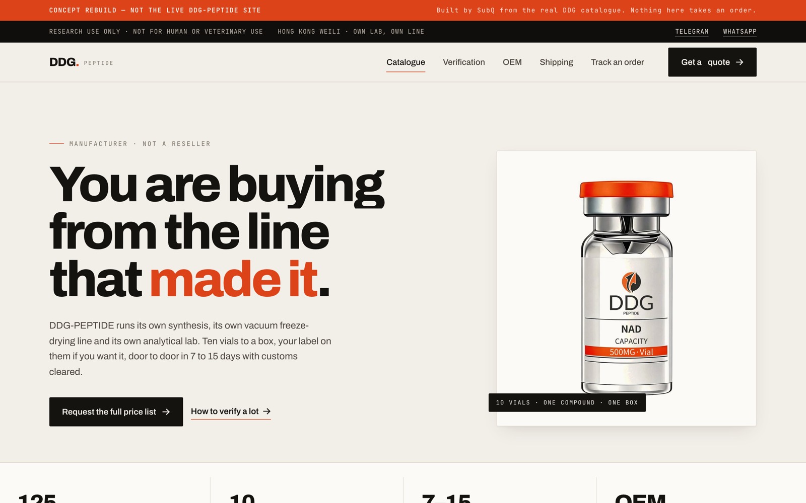 After: the DDG-PEPTIDE rebuild, headed You are buying from the line that made it, beside a branded NAD vial.