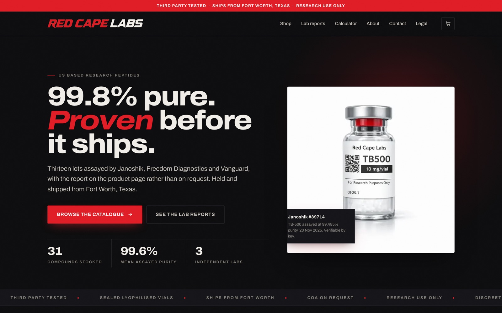 After: the Red Cape Labs rebuild. A dark page headed 99.8% pure, proven before it ships, with a lab report number beside a TB500 vial.