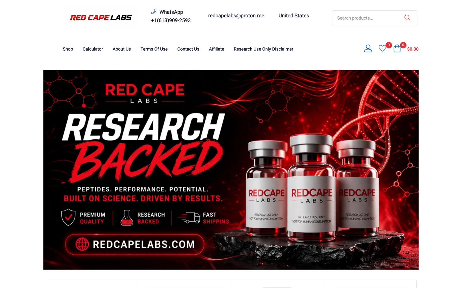 Before: the current Red Cape Labs homepage, a red and black banner reading Research Backed above a stock theme.