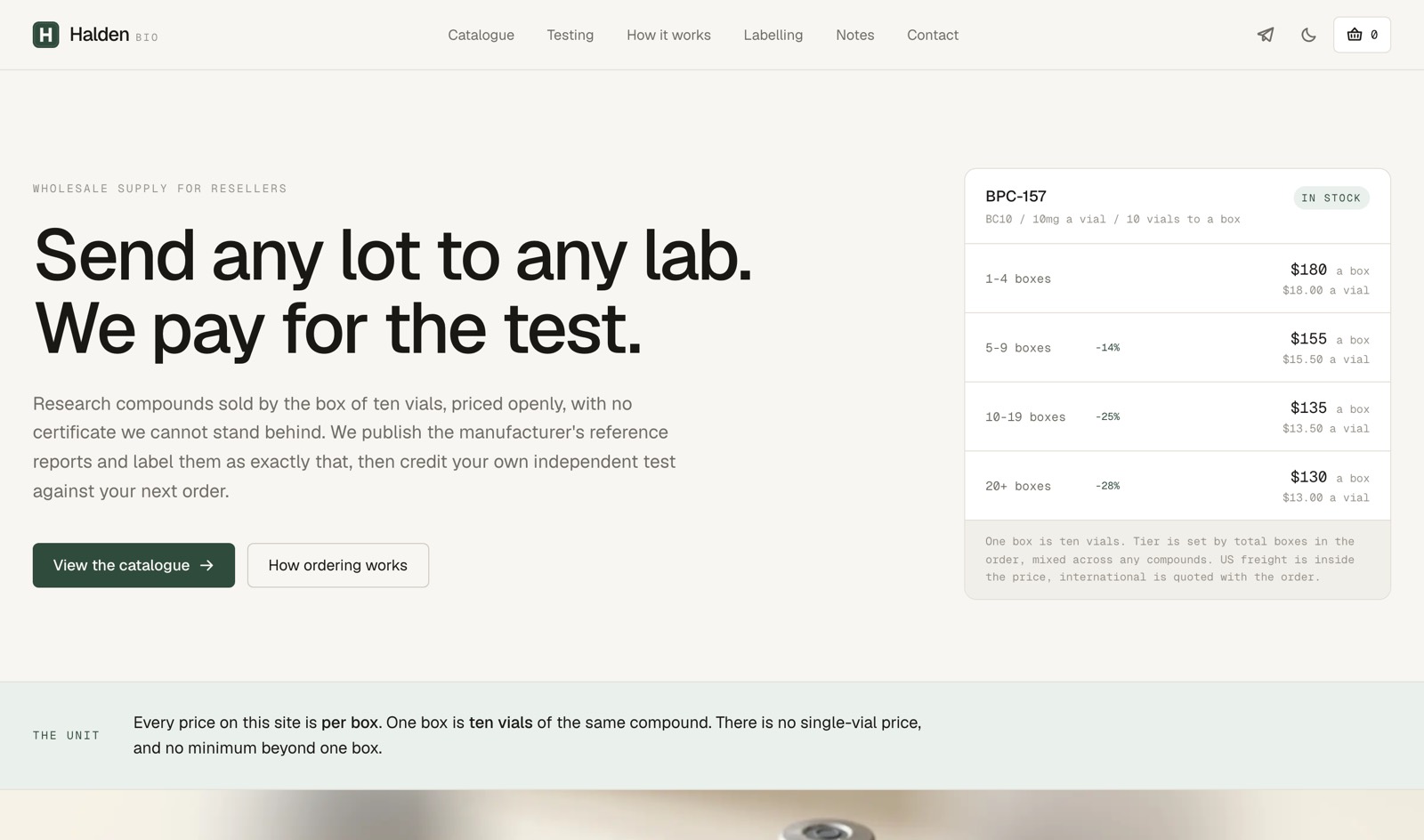 The Halden Bio homepage: a pale storefront with the headline Send any lot to any lab, we pay for the test, beside a live price ladder for BPC-157 showing four volume tiers.